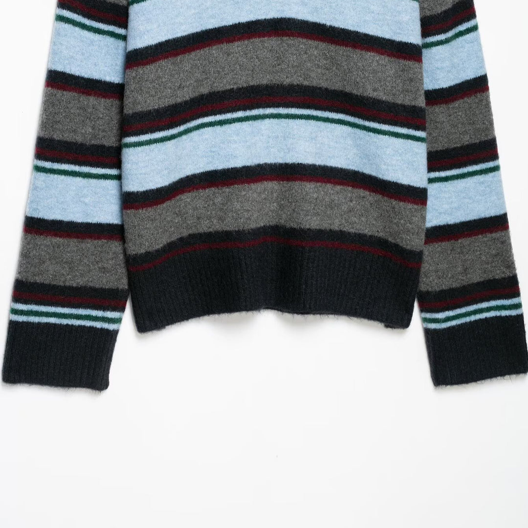 Damen Oversize Ringel-Pullover mit Polokragen und tiefem V‑Ausschnitt Drune