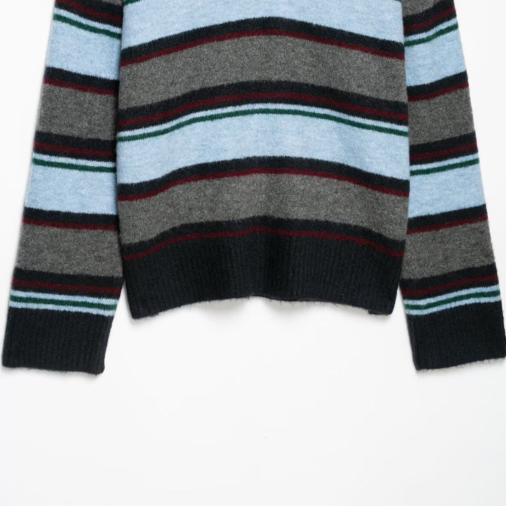 Damen Oversize Ringel-Pullover mit Polokragen und tiefem V‑Ausschnitt Drune