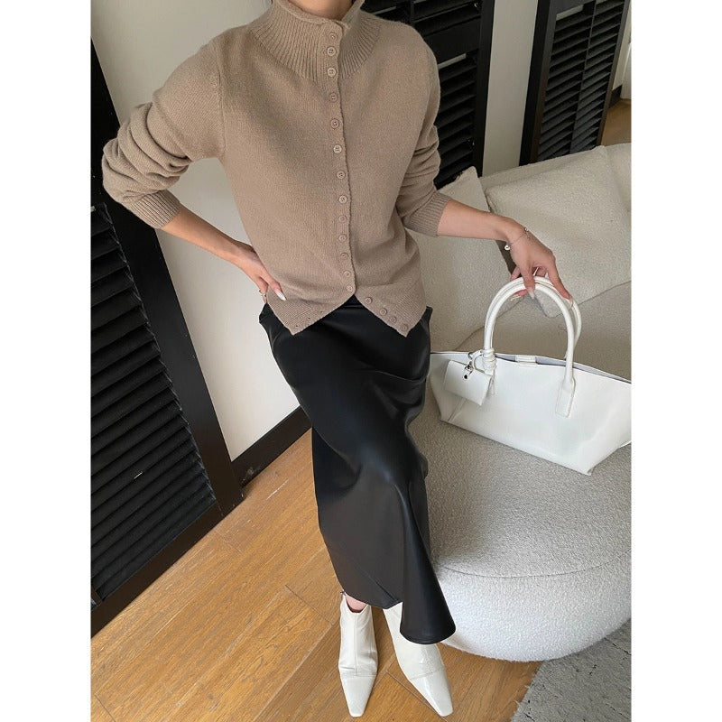 Damen eleganter Strickpullover mit Knopfleiste und hohem Kragen Drune