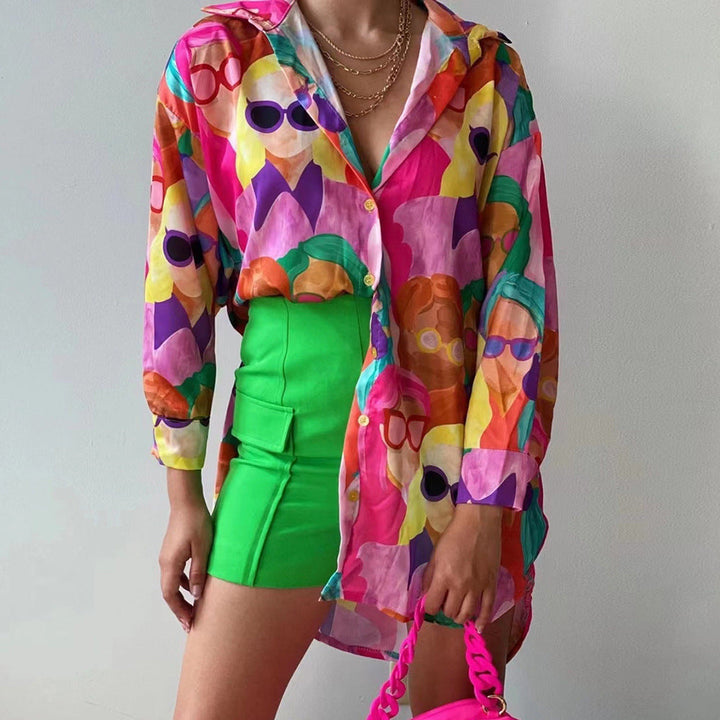 Damen Oversized Bluse mit buntem Grafikdruck Drune