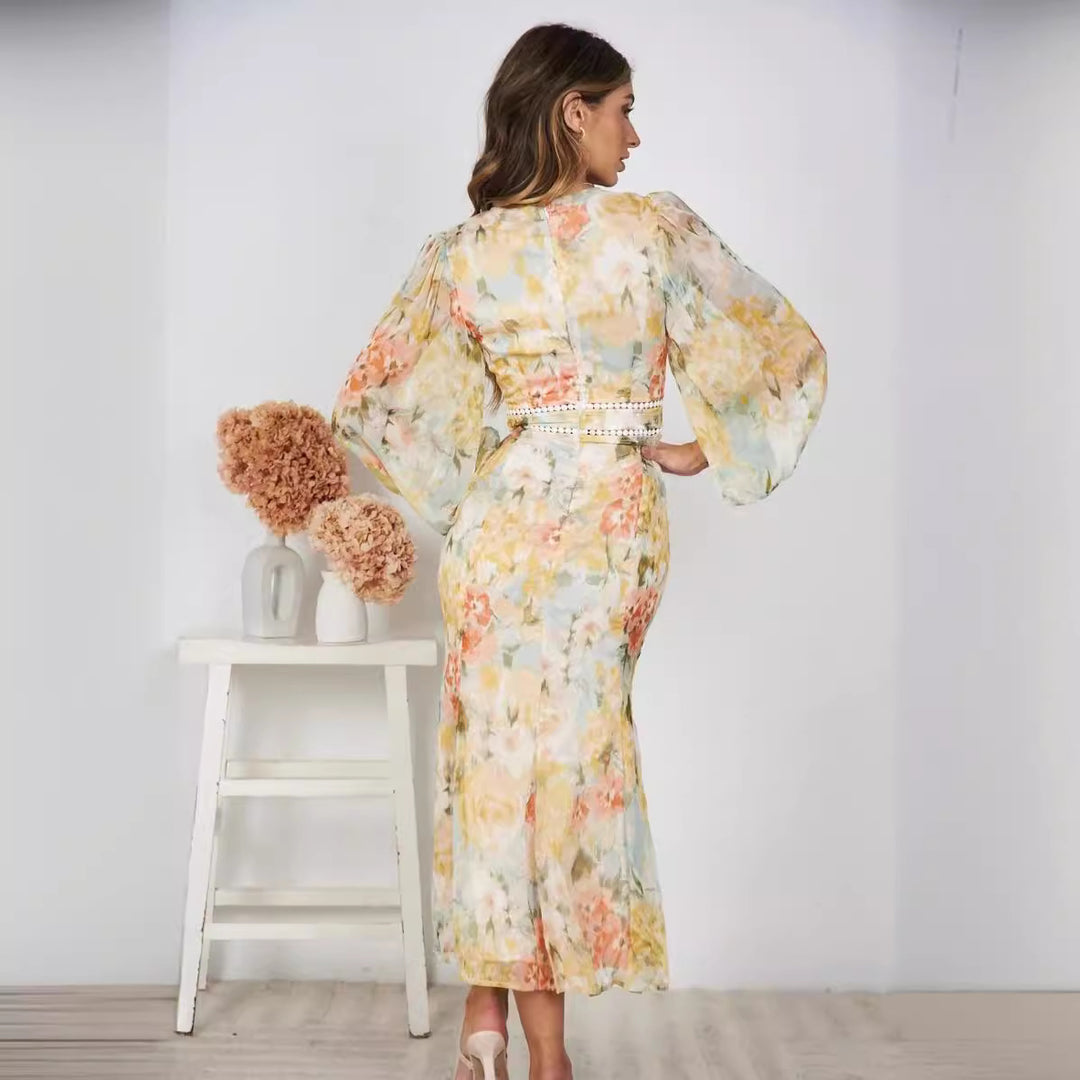 Damen Maxikleid mit voluminösen Ärmel und dekorativen Details Drune