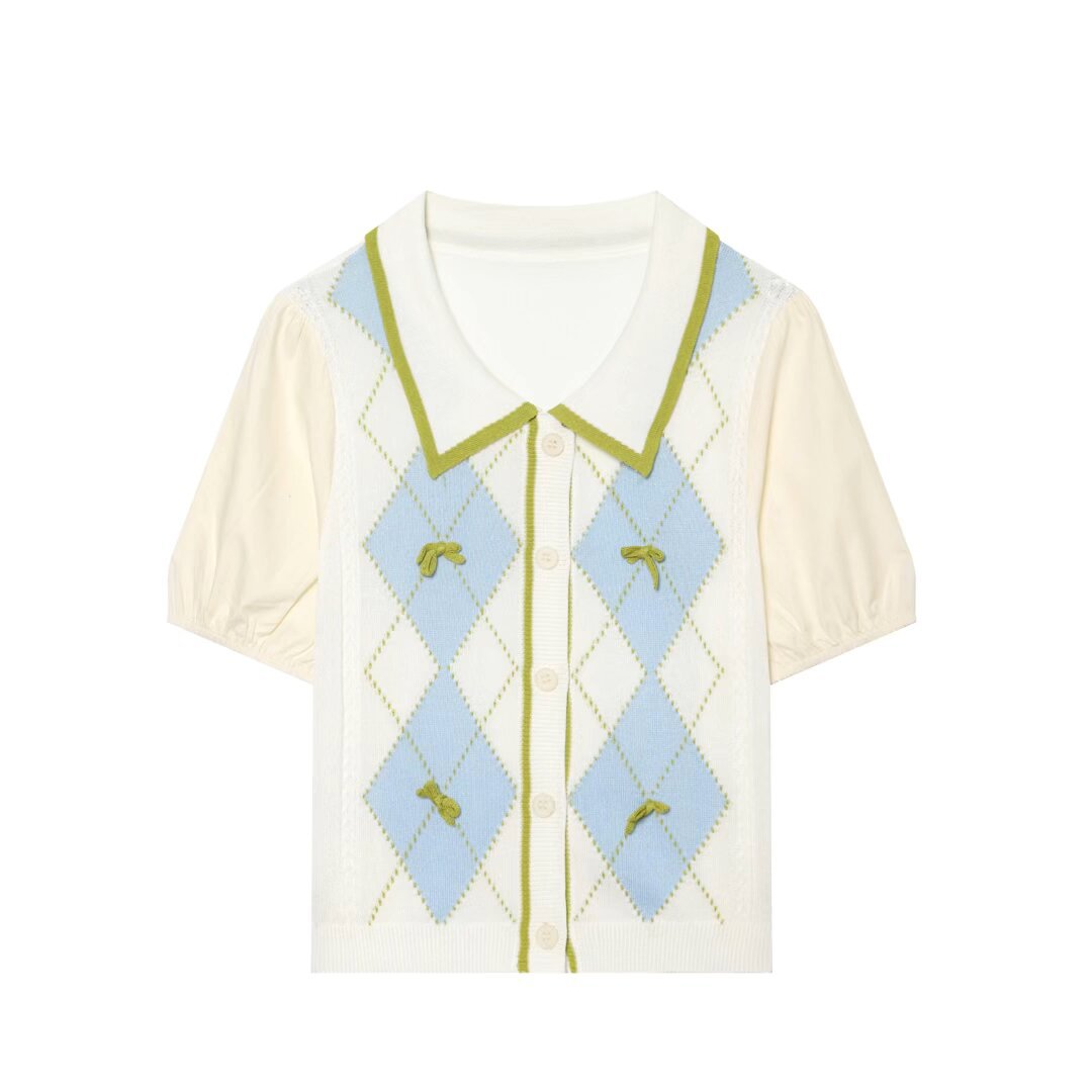 Damen Kurzarm-Pulloverjacke mit Argyle-Strickfront, Bubikragen und Puffärmeln Drune