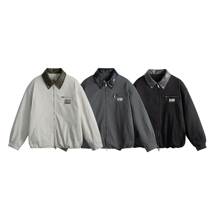 Unisex Oversized Blousonjacke mit Kunstleder-Umlegekragen, Zwei-Wege-Reißverschluss und elastischem Saum Drune