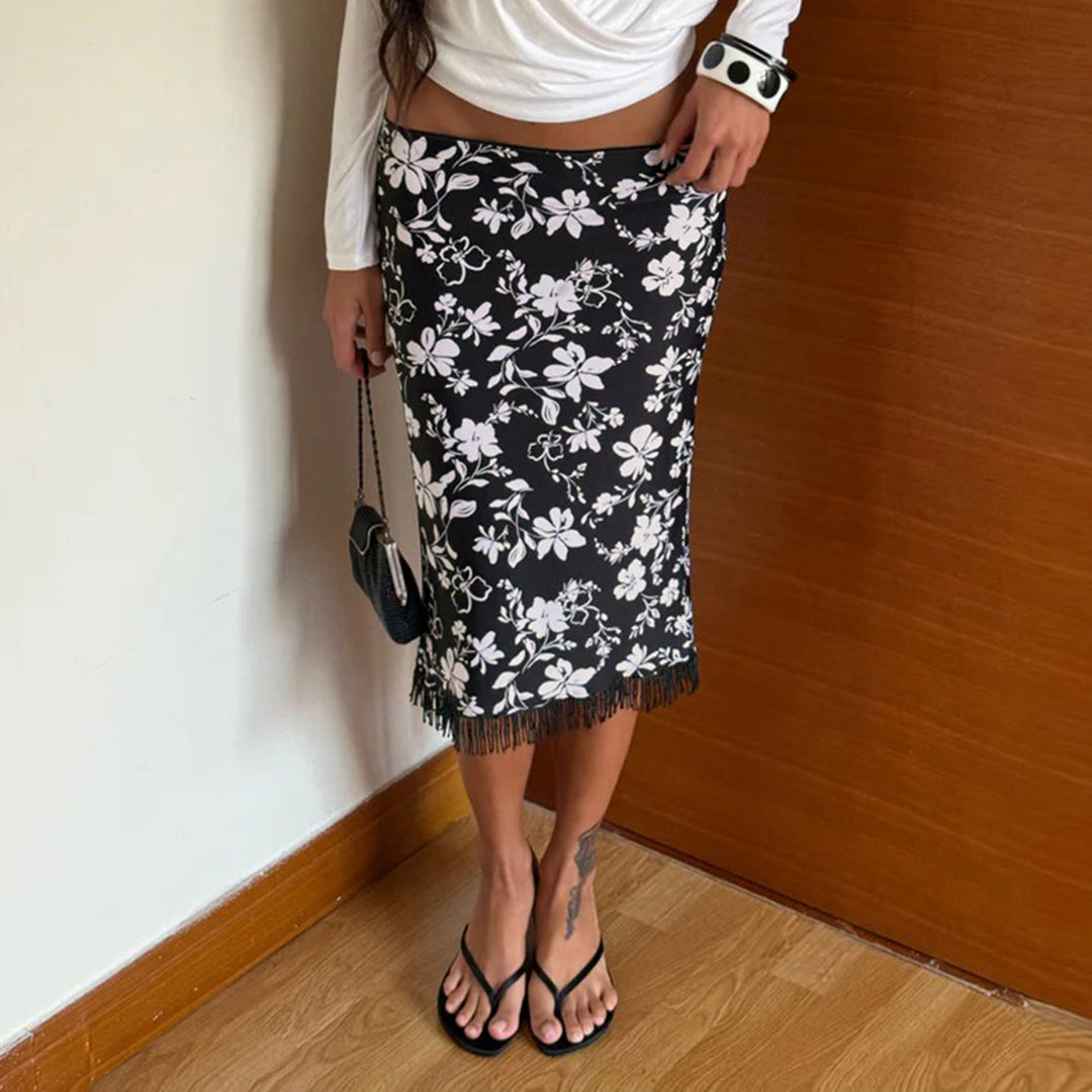 Damen Midirock Bleistiftrock mit floralem Print und Fransenbesatz Drune