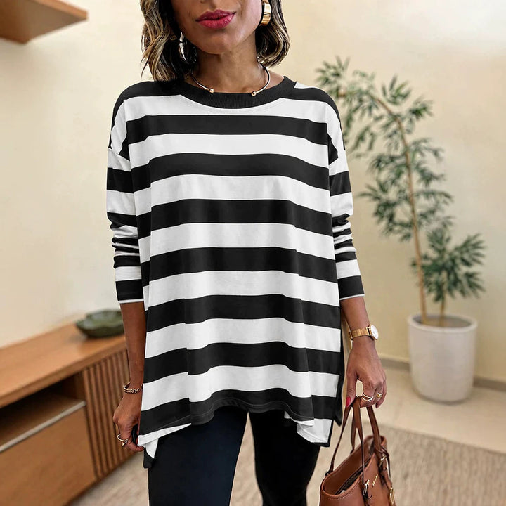 Damen Oversized Streifen-Longsleeve mit Rundhalsausschnitt und abgerundetem Saum Drune