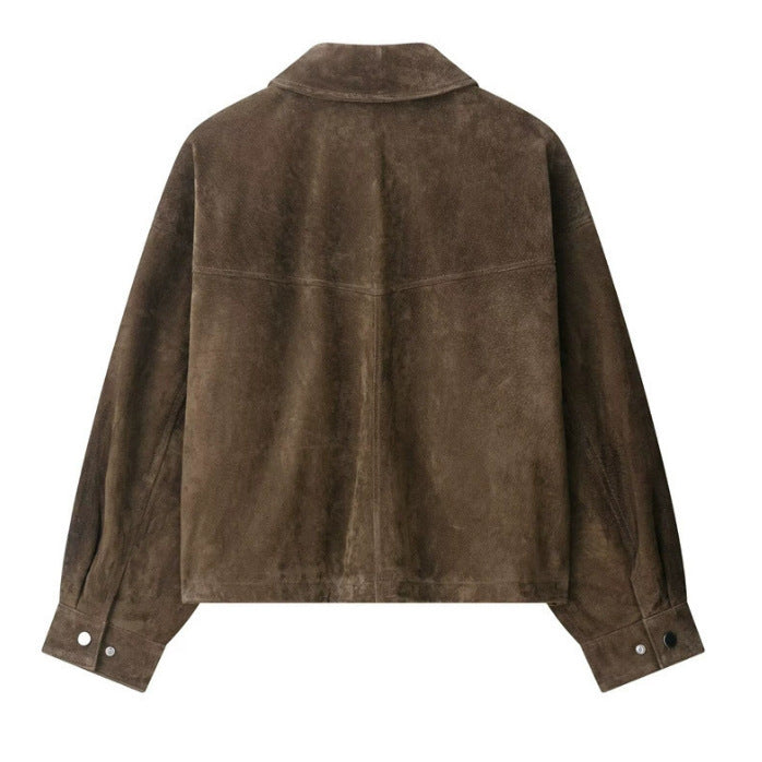 Damen 100+ kurze Veloursleder‑Blousonjacke mit Pattentaschen und Druckknopfverschluss Drune
