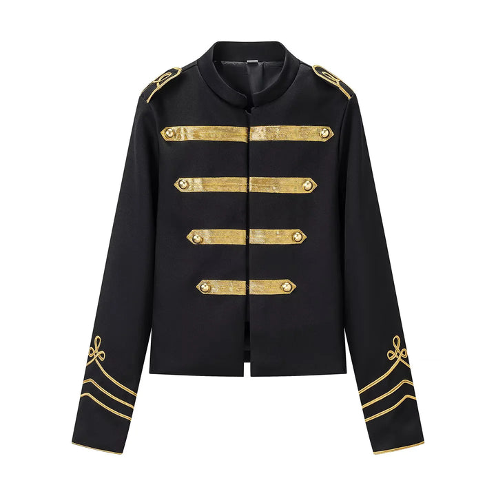 Damen nan kurz geschnittene Paradejacke mit goldverzierten Galons, Epauletten und Stehkragen Drune