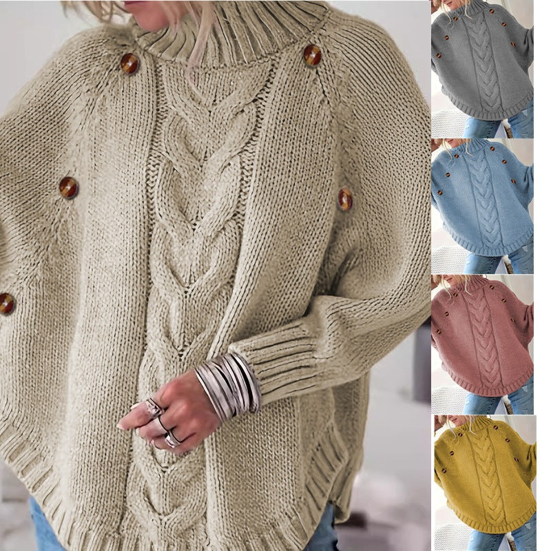 Damen Grober Strickpullover mit hoher Kragenpartie und Knopfdetails Drune