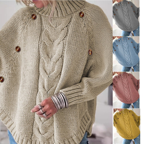 Damen Grober Strickpullover mit hoher Kragenpartie und Knopfdetails Drune