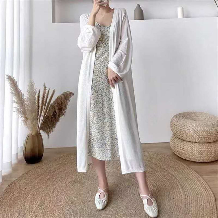 Damen Elegante lange Strickjacke mit ballonförmigen Ärmeln und offenen Front Drune