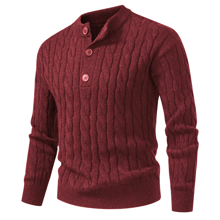 Herren Zopfmuster-Pullover mit kurzer Knopfleiste und Stehkragen Drune