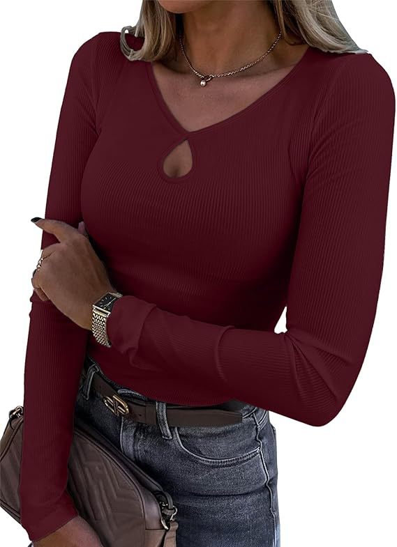 Damen Tailliertes geripptes Langarmshirt mit V-Ausschnitt und Tropfen-Cut-Out Drune