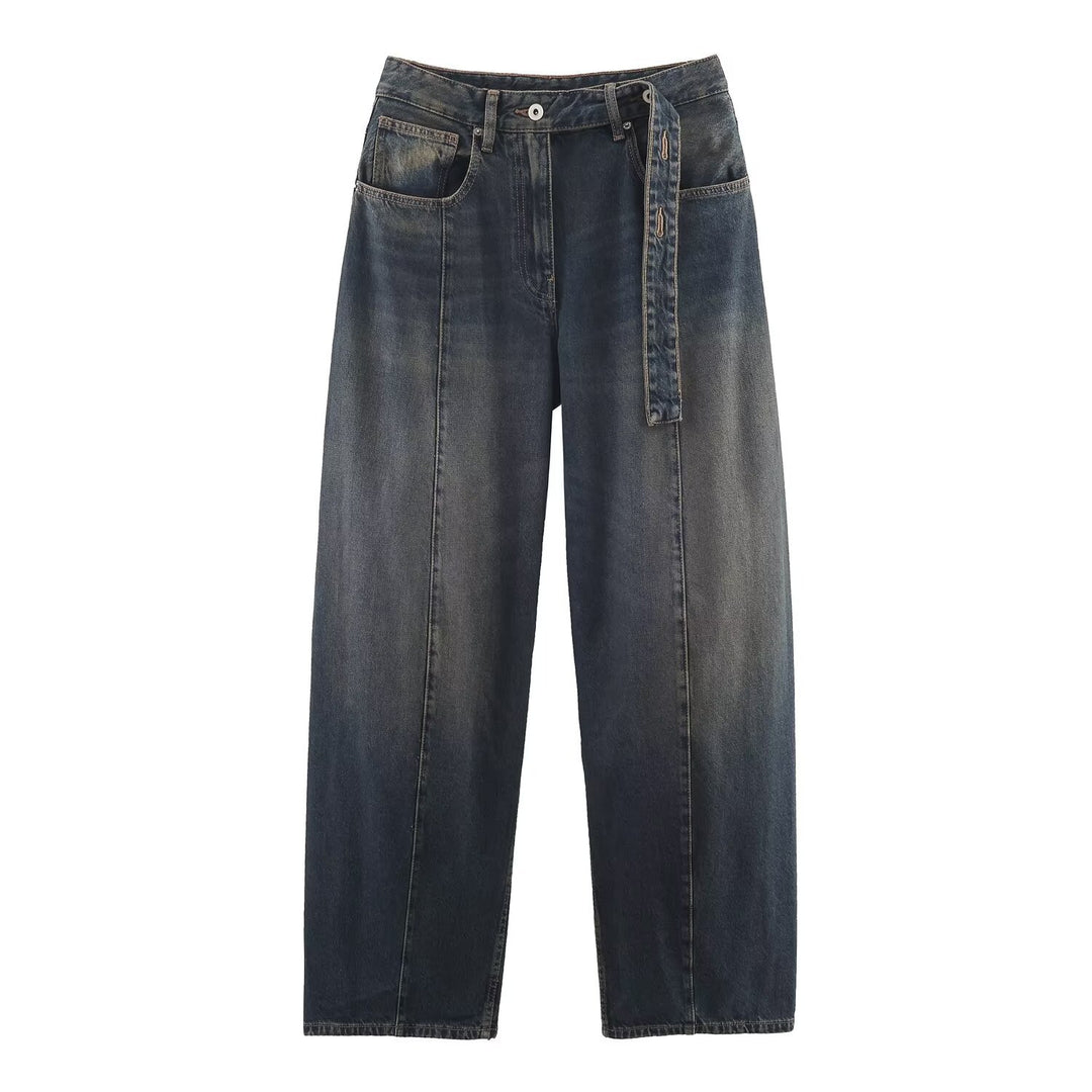 Damen Weite hochtaillierte Culotte-Hose mit Ziernaht, aufgesetzten Taschen und Bindegürtel Drune