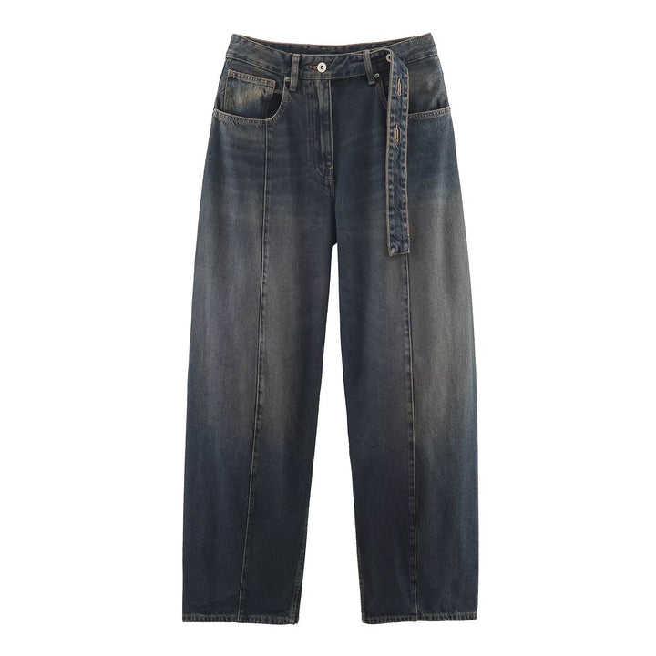 Damen Weite hochtaillierte Culotte-Hose mit Ziernaht, aufgesetzten Taschen und Bindegürtel Drune