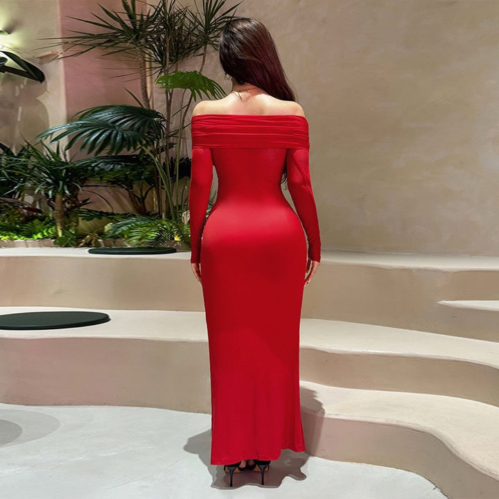 Damen Off-Shoulder Abendkleid mit drapiertem Stoff und transparenten Ärmeln Drune