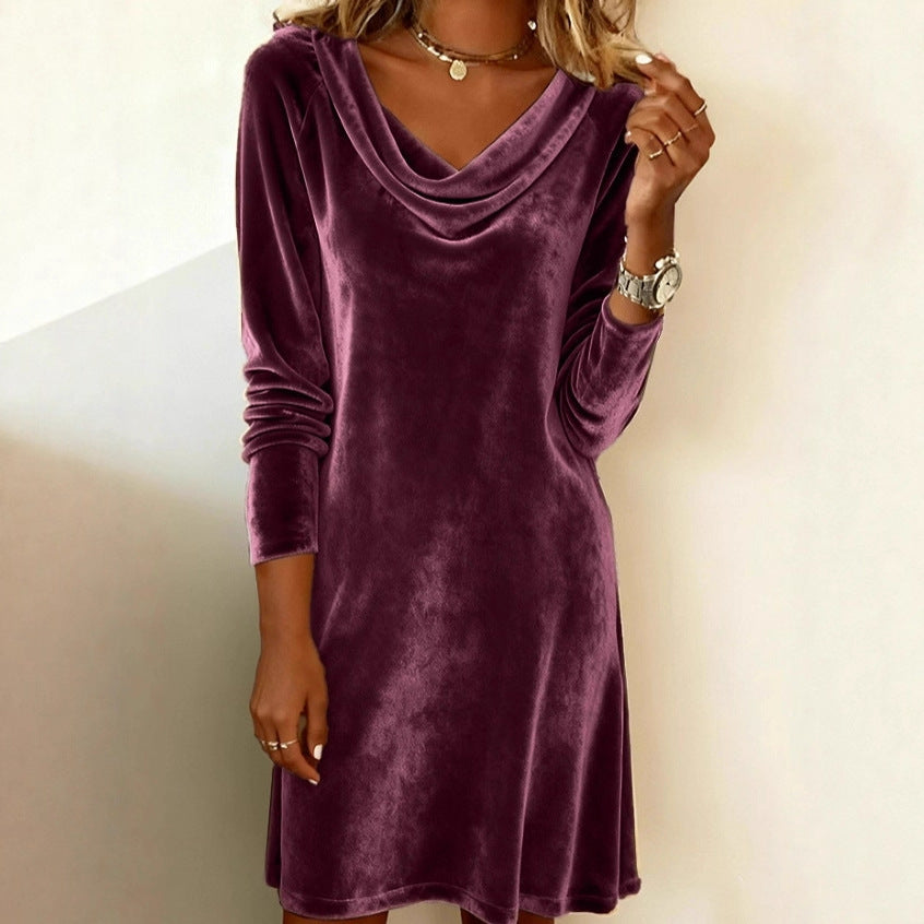 Damen Samt-Kleid mit Wasserfallkragen und lässiger A‑Linie Drune