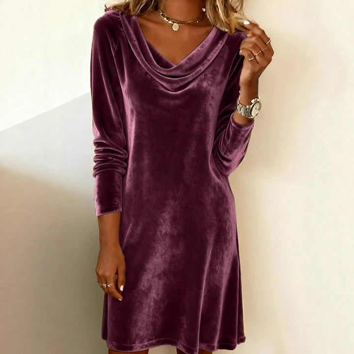 Damen Samt-Kleid mit Wasserfallkragen und lässiger A‑Linie Drune