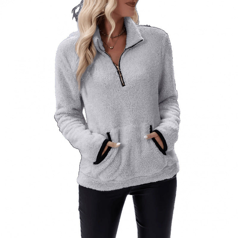 Damen Weicher Teddy-Pullover im lässigen Look mit halben Reißverschluss Drune