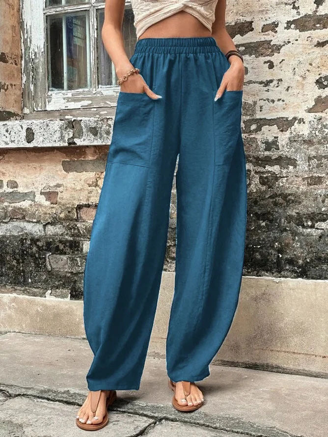Damen Weite Leinenhose mit elastischem Bund, aufgesetzten Taschen und lässigem Harem-Schnitt Drune