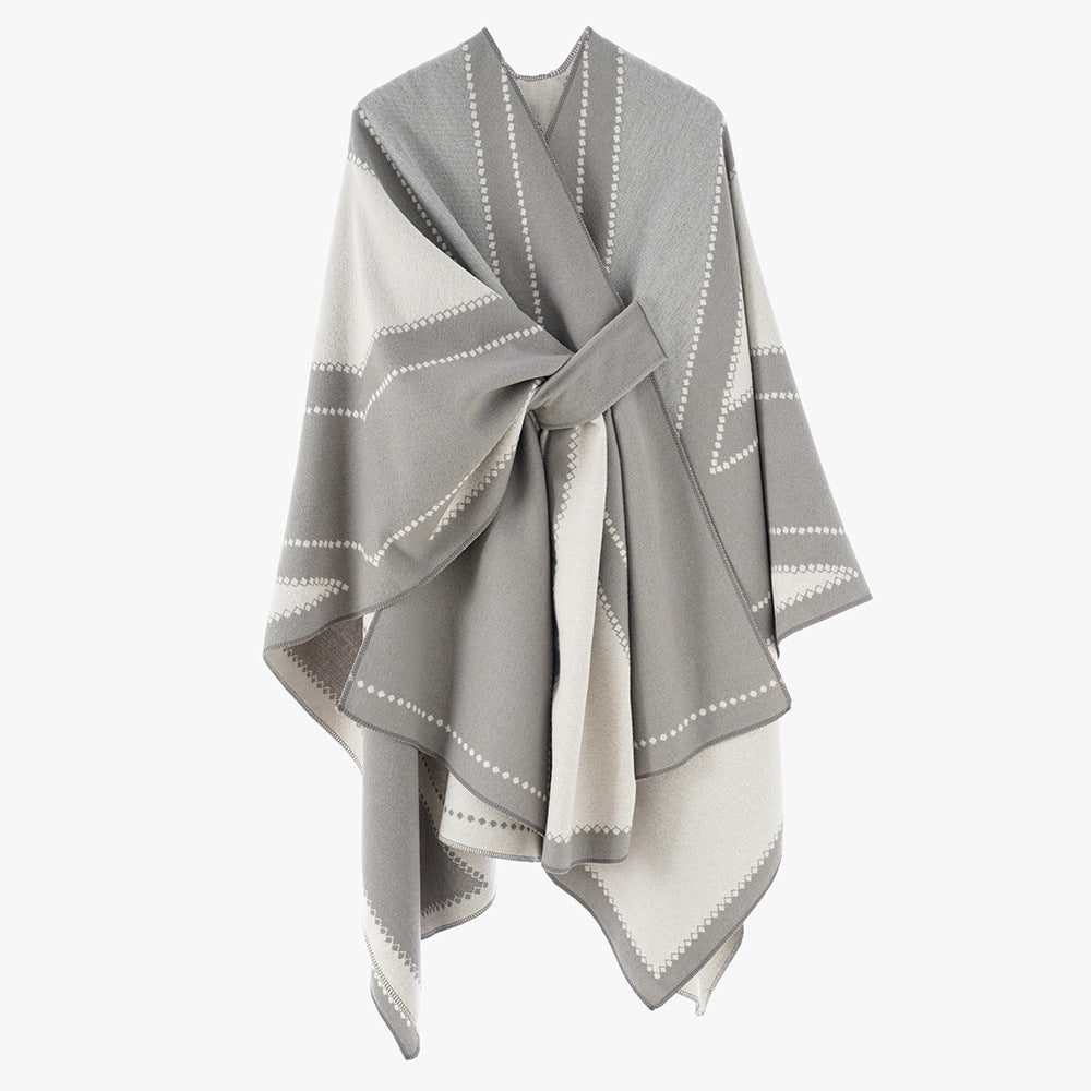 Damen Oversize-Cape aus Jacquard-Strick mit Bindeschlaufe Drune