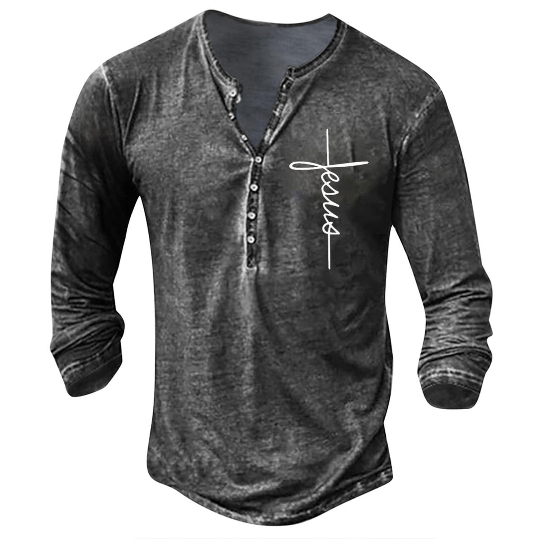 Herren Langarm Henley-Shirt mit kreativem Grafikdruck Drune