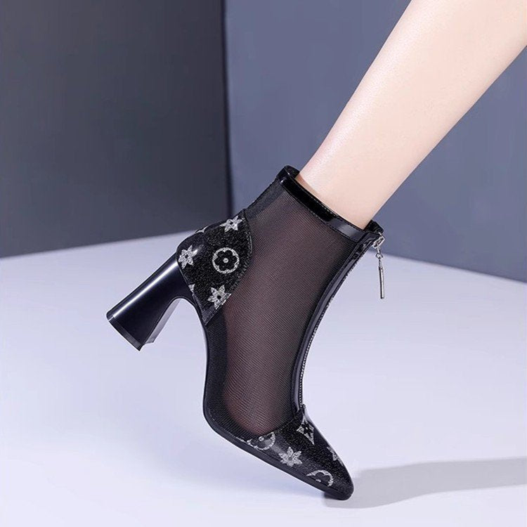 Damen Elegante Netze Stiefeletten mit Blockabsatz Drune