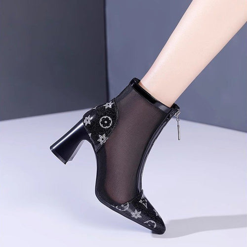 Damen Elegante Netze Stiefeletten mit Blockabsatz Drune