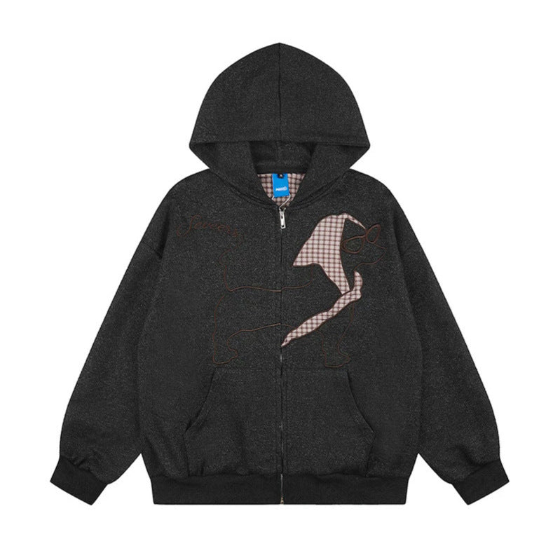 Damen Kapuzen-Zipjacke im Oversize-Cut mit gestickter Dackel-Illustration und Vichy-Detail Drune