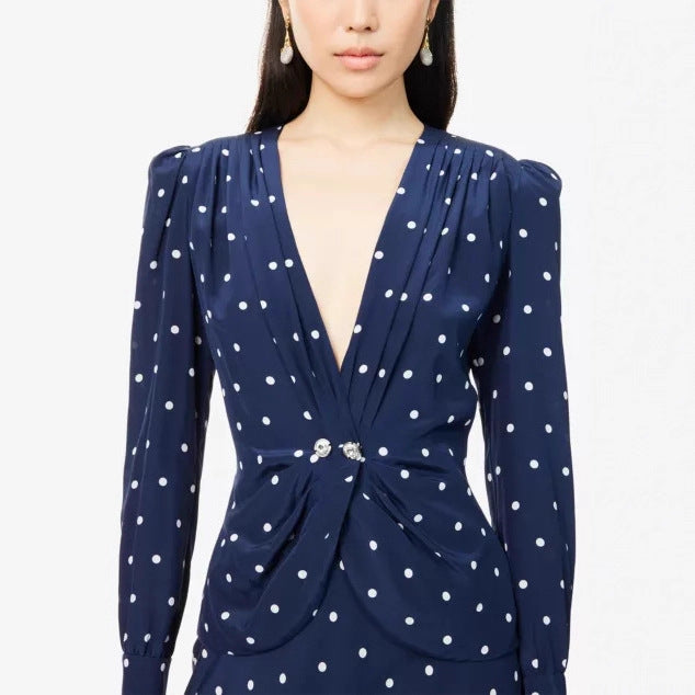 Damen Midikleid mit Punkteprint, tiefem V‑Ausschnitt, Wickelraffung und langen Ärmeln Drune