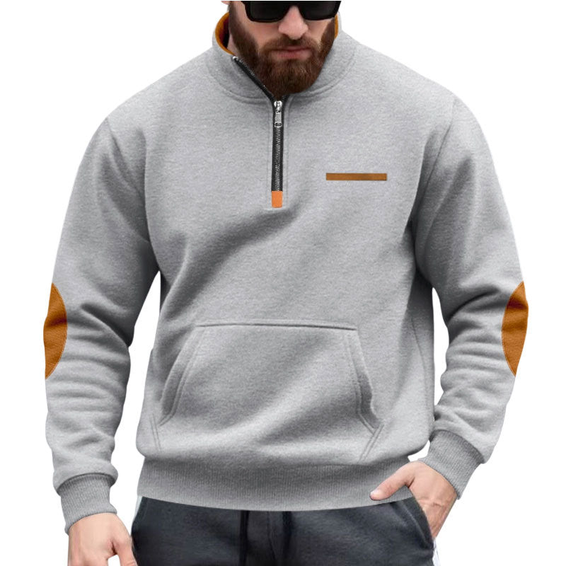 Herren nan Halbzip-Sweatpullover mit Stehkragen, Kängurutasche und Ellenbogenbesatz Drune