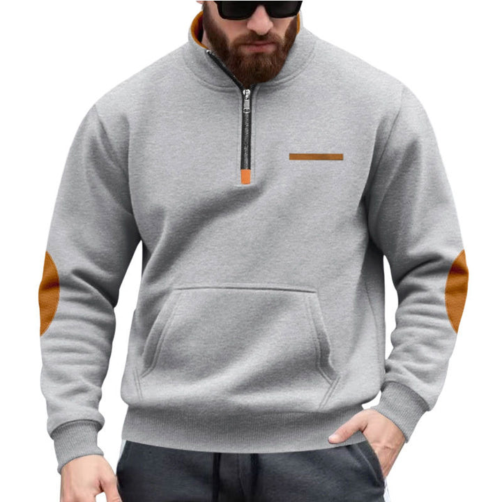 Herren nan Halbzip-Sweatpullover mit Stehkragen, Kängurutasche und Ellenbogenbesatz Drune