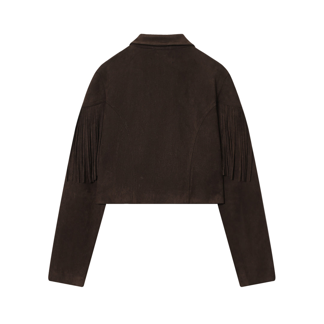 Damen nan kurze Wildlederjacke mit Reverskragen, kastigem Cropped‑Schnitt und dekorativen Fransen Drune
