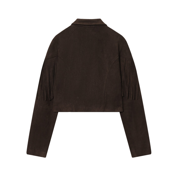 Damen nan kurze Wildlederjacke mit Reverskragen, kastigem Cropped‑Schnitt und dekorativen Fransen Drune