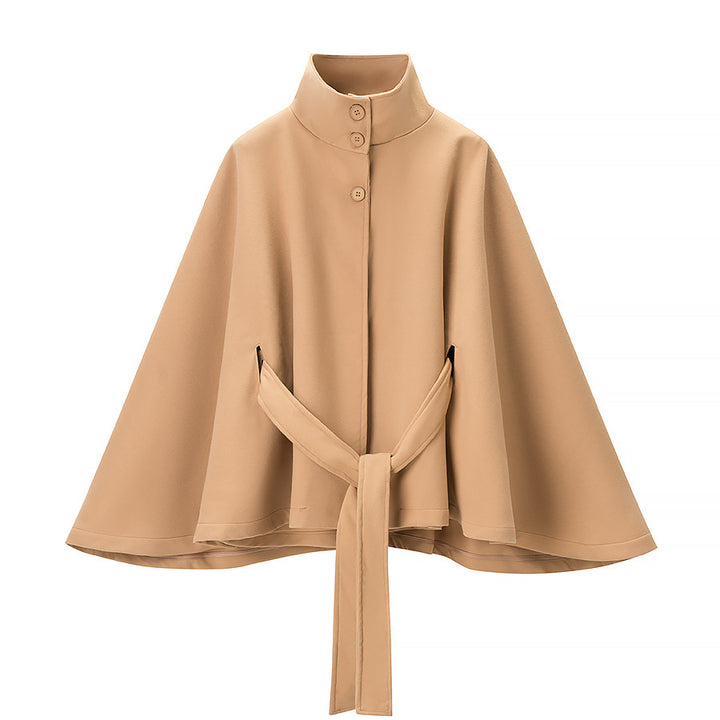 Damen Kurzer Cape-Mantel mit Stehkragen, verdeckter Knopfleiste und Bindegürtel Drune