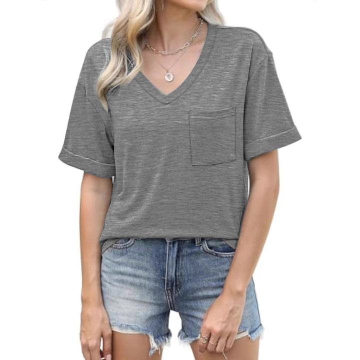 Damen V-Ausschnitt T-Shirt mit Taschen und lässiger Passform Drune