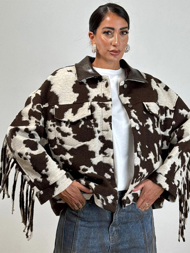 Damen Oversized Fransenjacke mit Kuhmuster Drune