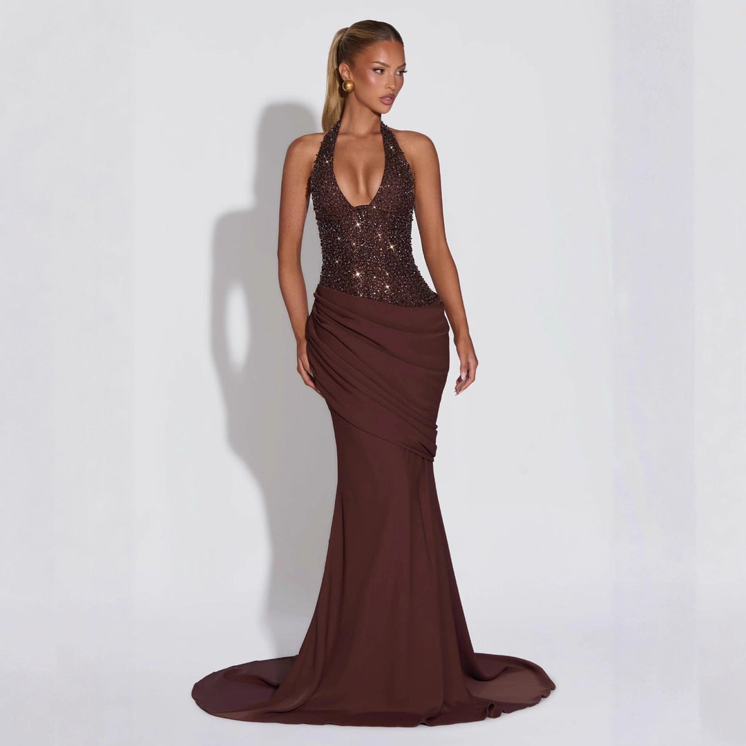 Damen Glamouröses Abendkleid mit tiefem V-Ausschnitt und dekorativen Pailletten Drune