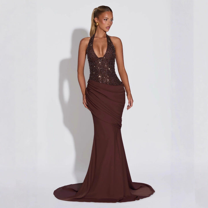 Damen Glamouröses Abendkleid mit tiefem V-Ausschnitt und dekorativen Pailletten Drune