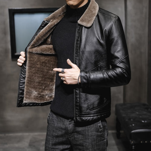 Herren Lederimitat-Fliegerjacke mit Teddyfutter und winddichtem Reißverschluss Drune