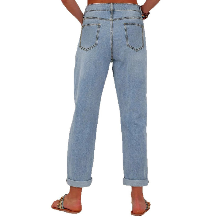 Damen Gerade geschnittene Jeans mit bunten Blumenapplikationen und leichten Destroy-Details Drune