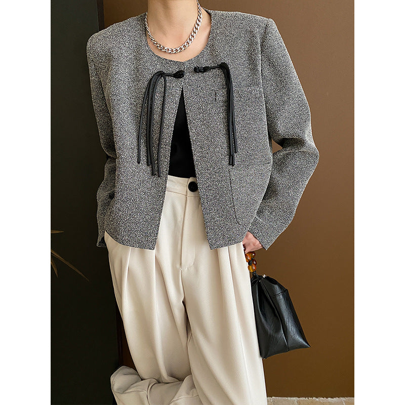 Damen elegante Kurzjacke mit dekorativen Kordelzügen Drune