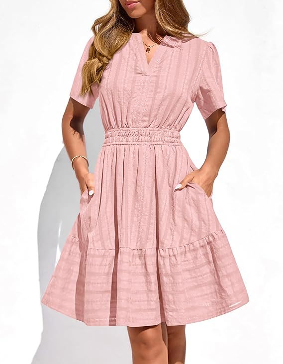 Damen Tailliertes Stufen-Midikleid mit Smokbund, V‑Ausschnitt und Eingrifftaschen Drune