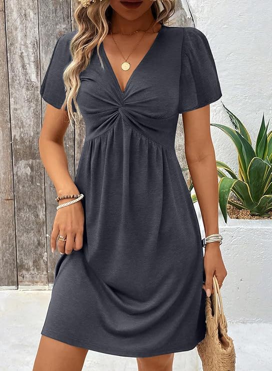 Damen lässiges Wickelkleid mit V-Ausschnitt und kurzen Ärmeln Drune