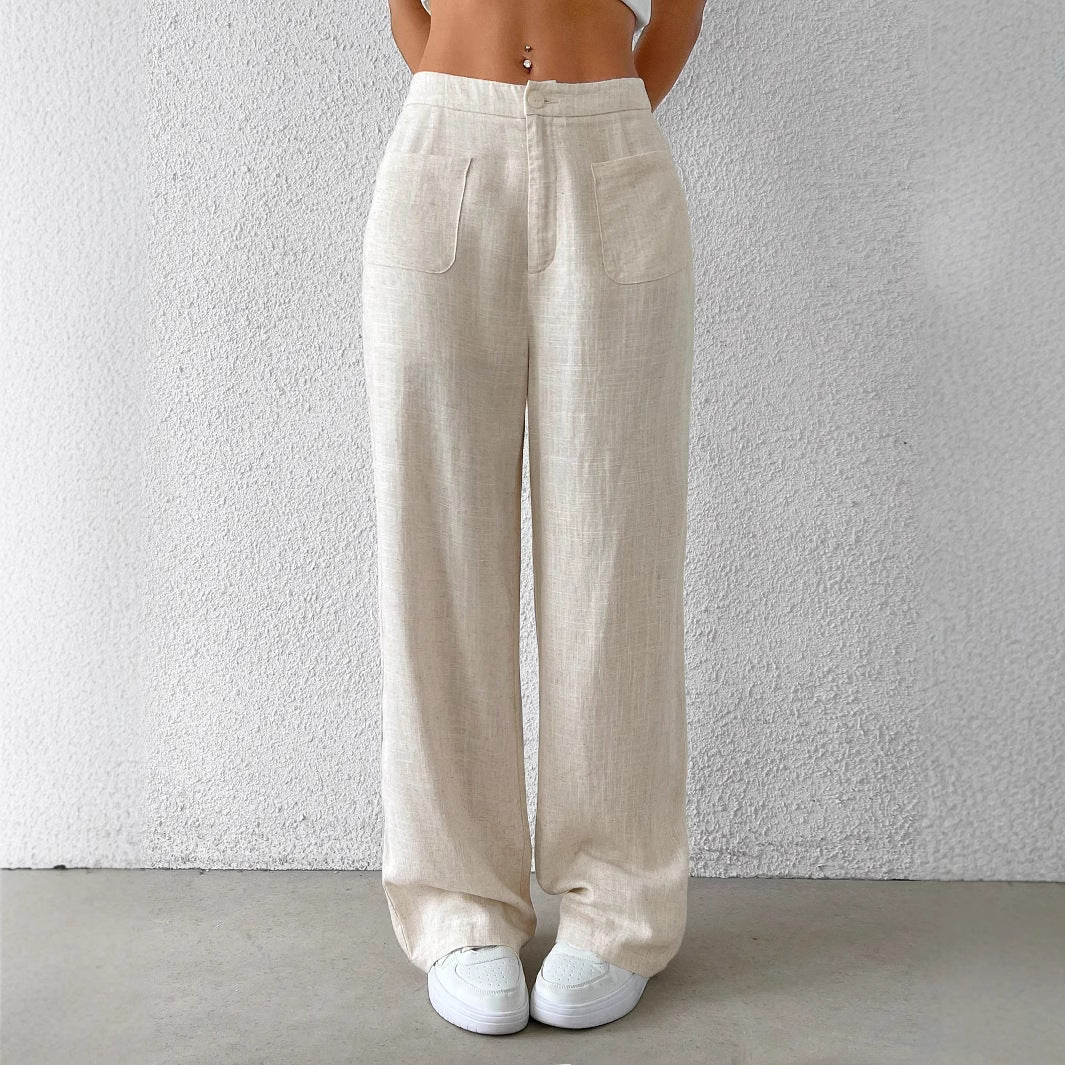 Damen Weit geschnittene Leinenhose mit elastischem Bund und praktischen Taschen Drune