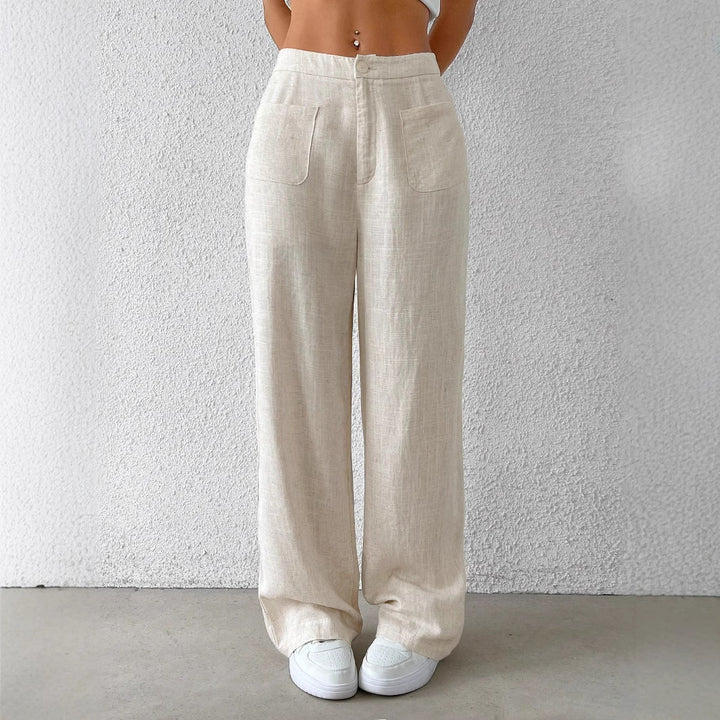Damen Weit geschnittene Leinenhose mit elastischem Bund und praktischen Taschen Drune