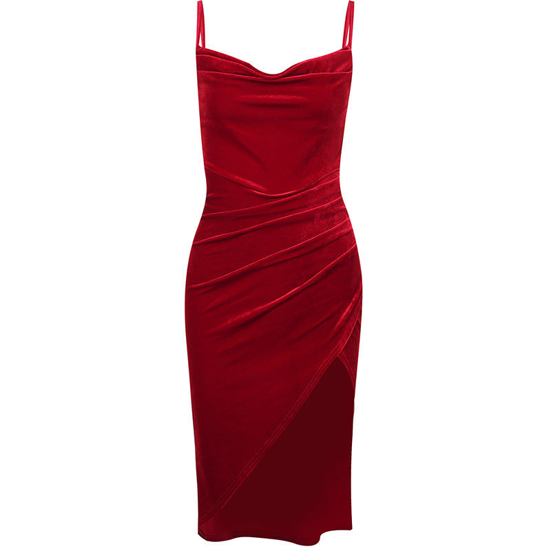 Damen elegantes Wickelkleid mit hohem Schlitz und schmalen Trägern Drune