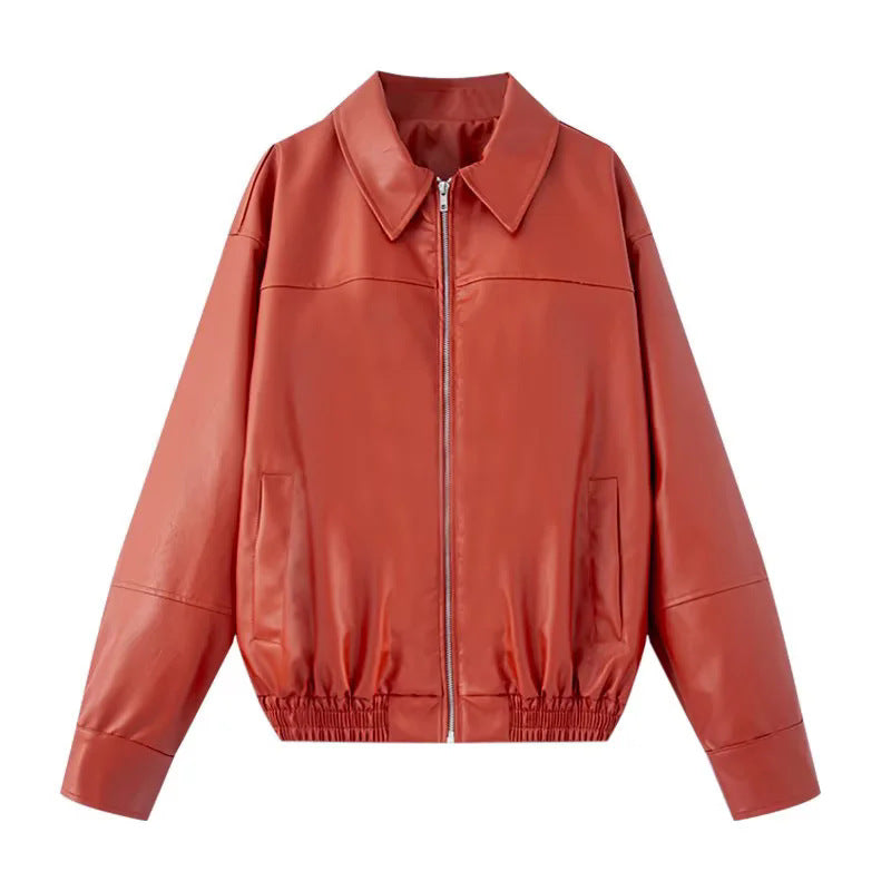 Damen nan oversize Glattlederoptik Blouson mit Hemdkragen, durchgehendem Reißverschluss und elastischem Bund Drune
