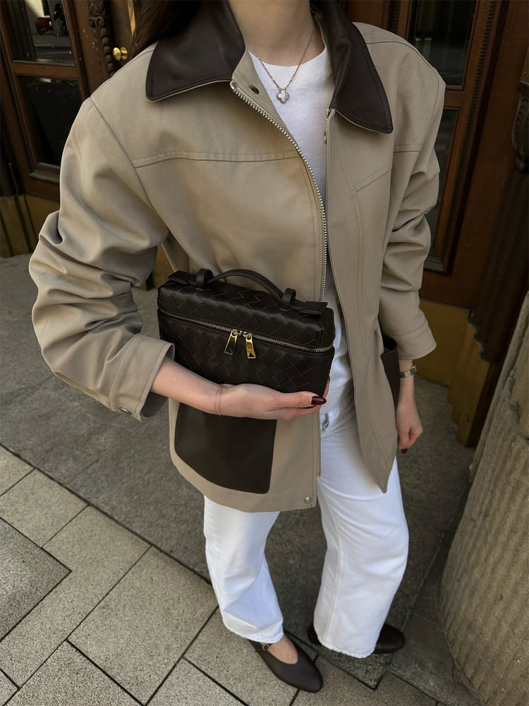 Damen Boxy-Fieldjacke mit kontrastkragen in Lederoptik und aufgesetzten Taschen Drune