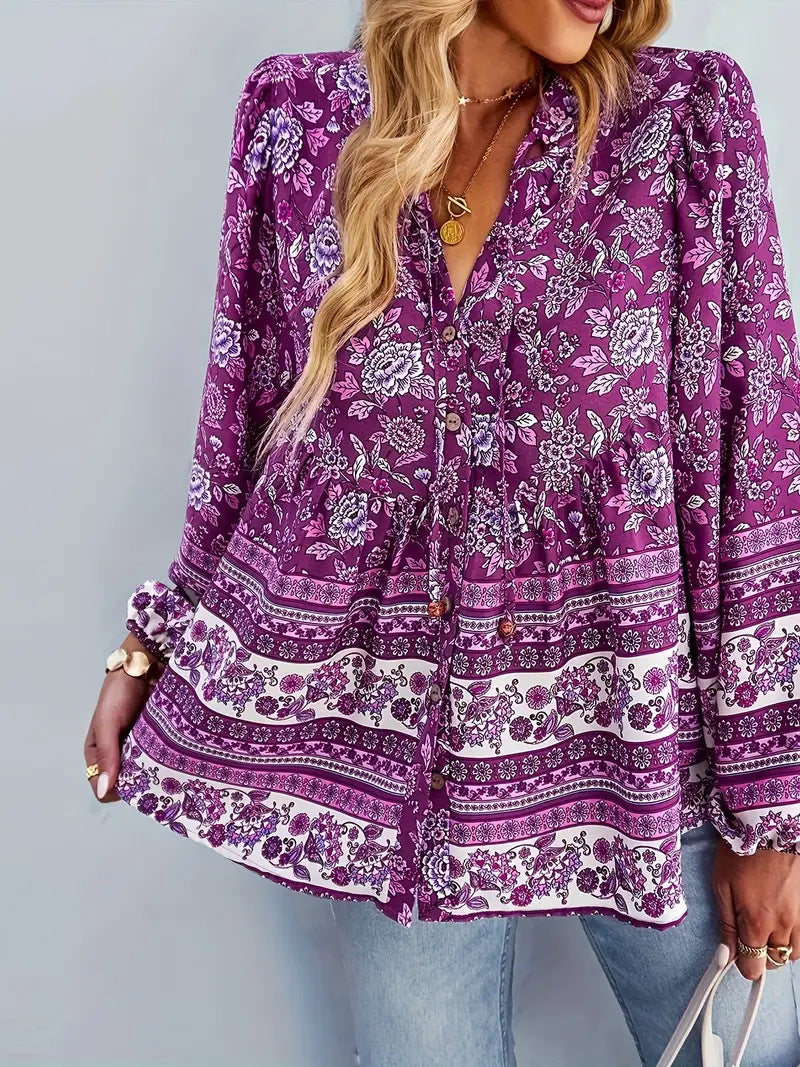 Damen Blusentop mit buntem Blumenmuster und Volantärmeln Drune