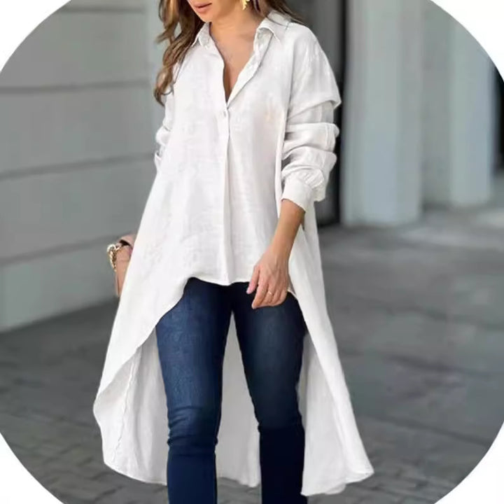 Damen Leichte Leinen‑Tunika‑Bluse mit asymmetrischem High‑Low‑Schwanz und Hemdkragen Drune